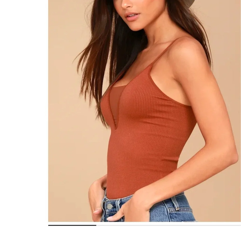 Free People Intimately Come Around Tank Top Rust Brown Ribbed Mesh V-Neck M/L - Picture 10 of 10